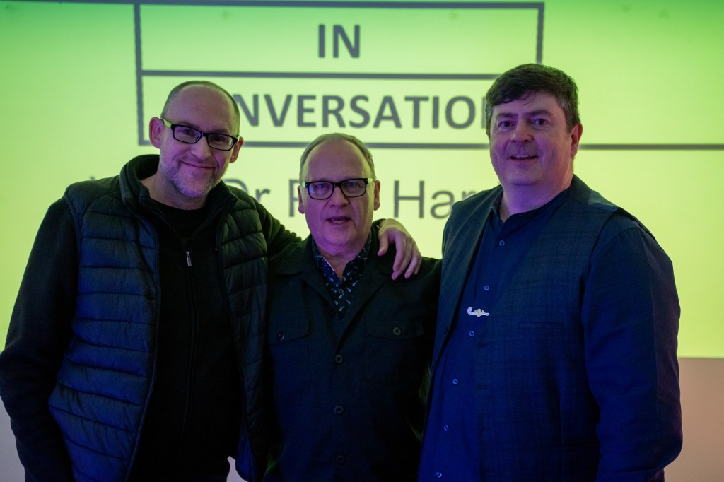 Anthony Sullivan (left) and John McFadden (right) with legendary music producer Phil Harding (centre).
